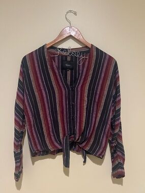 Rails Striped Button-Front Tie Hem Shirt - Burgundy, Navy, Olive Size XS